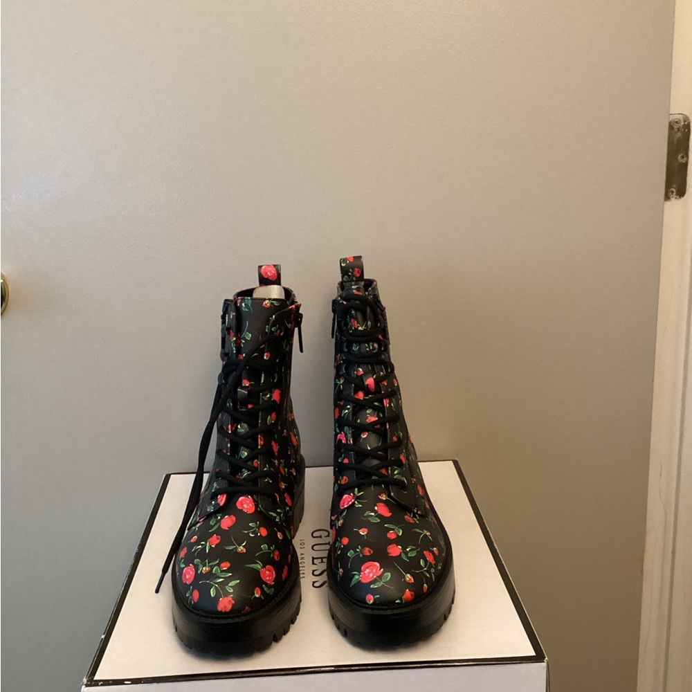 Guess Black Floral Combat Boots